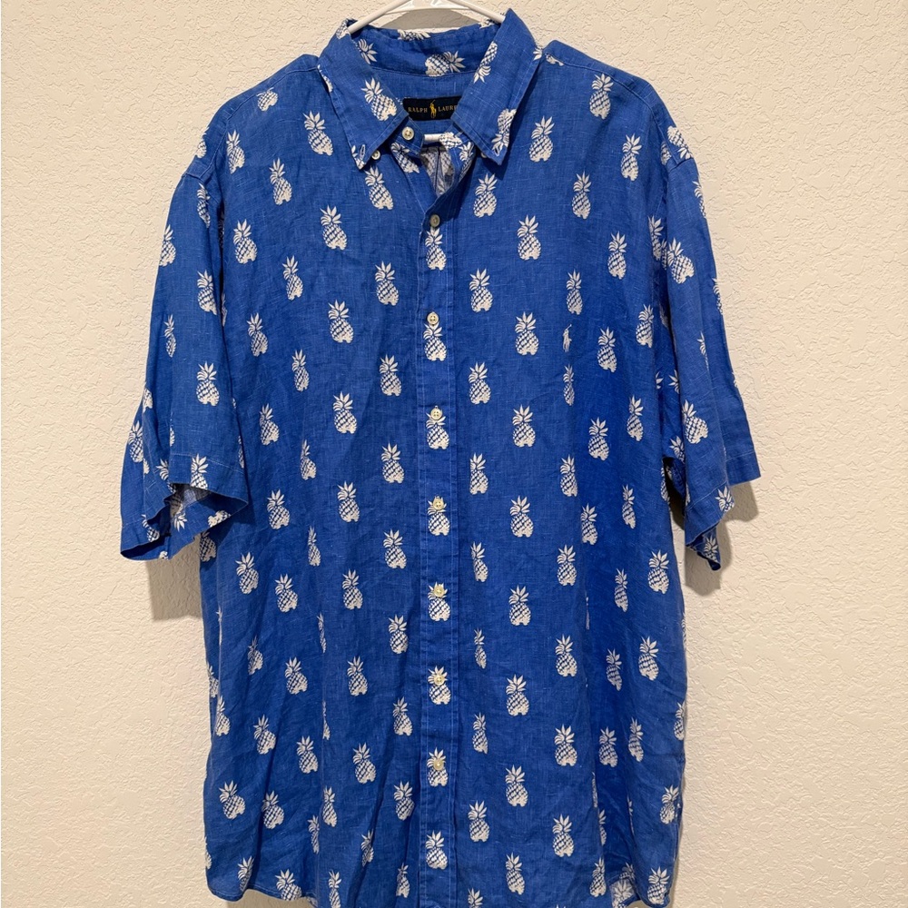 Ralph Lauren 100% Linen Blue Short-Sleeve Pineapple Print Button-Down Shirt